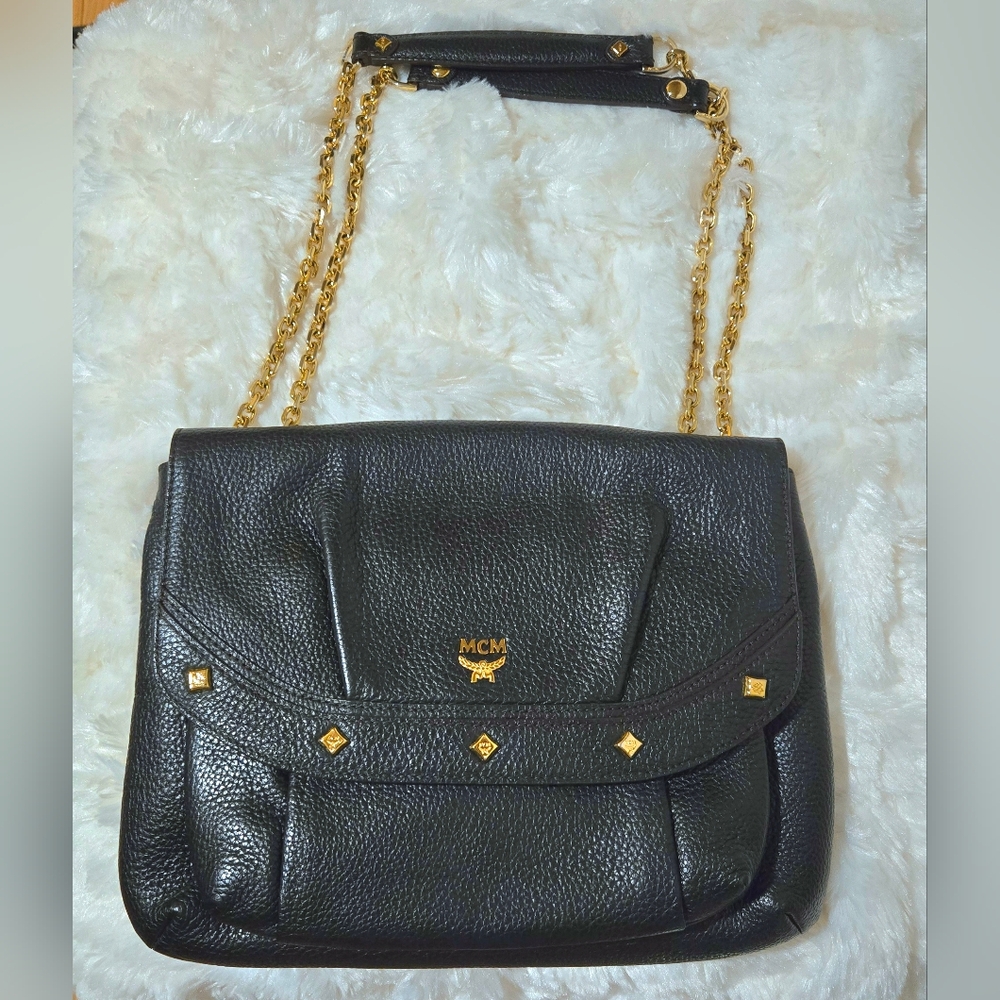MCM Black Leather Shoulder Bag with Gold Accents with COA - Picture 15 of 16